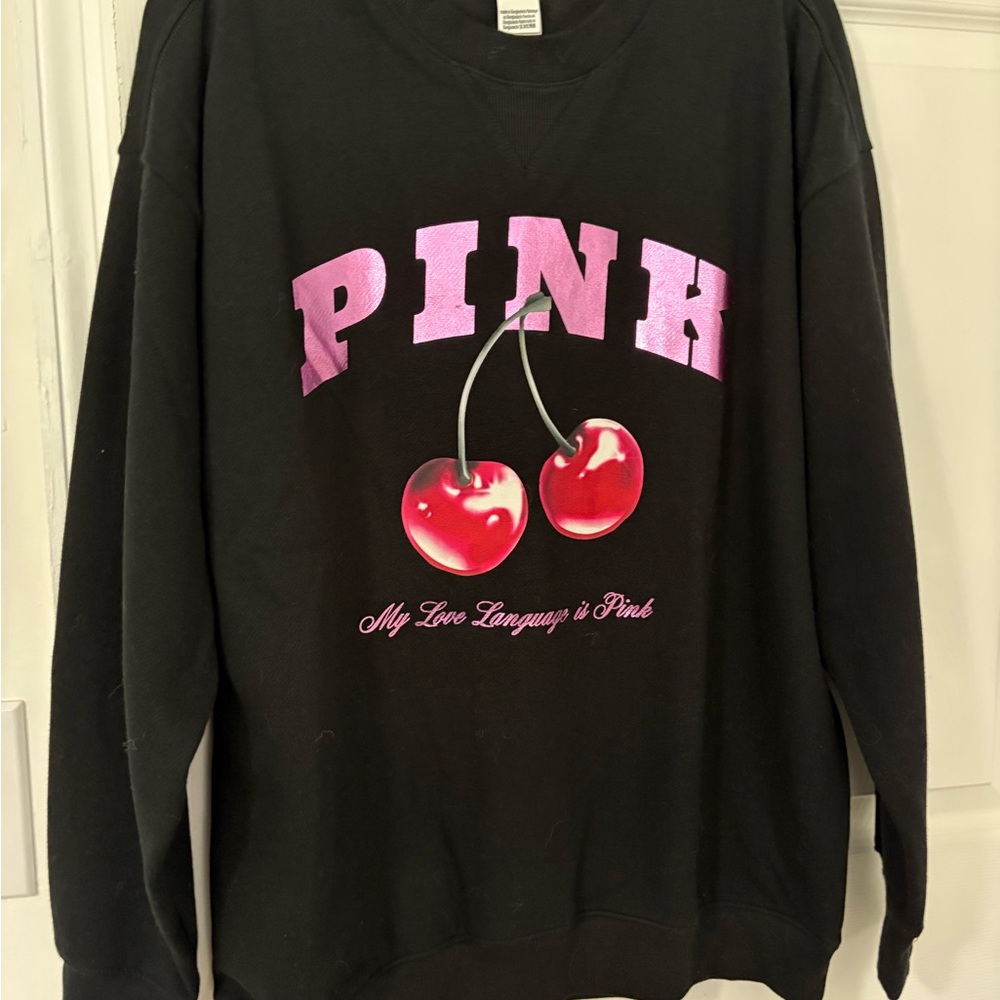 PINK Victoria's Secret Black Crewneck with Pink Logo and Cherry Graphic